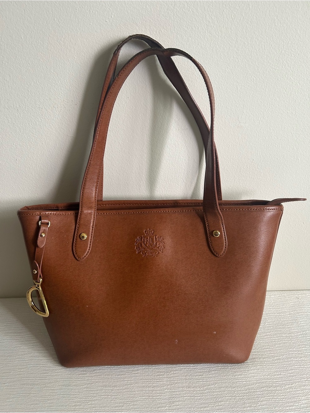 Ralph Lauren Tan Brown Leather Tote Bag with Gold Accent